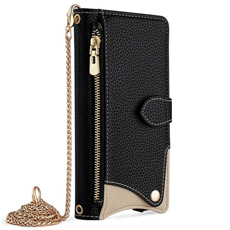 For iPhone 14 Leather Case Wallet Stand Cover Irregular Tail Style with Chain Strap - Black