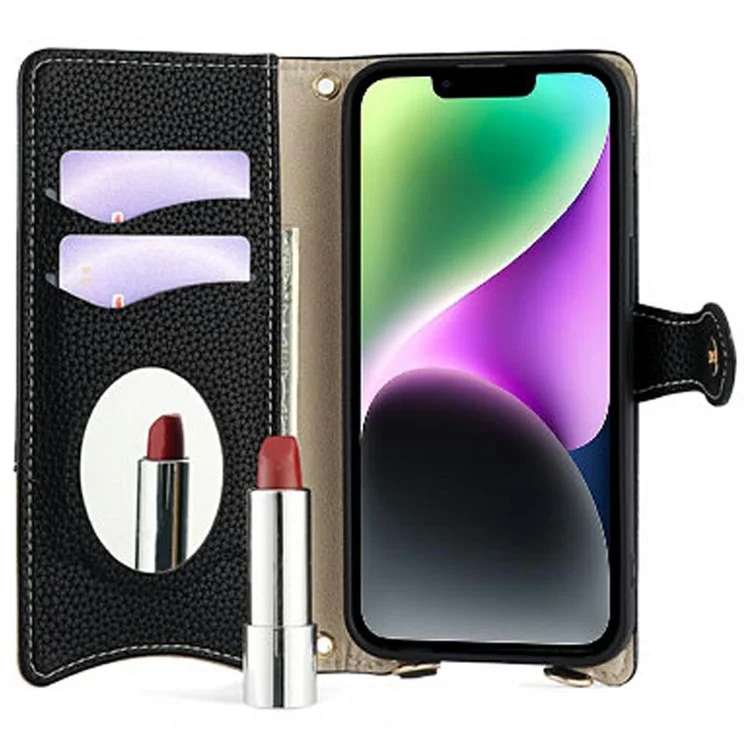 For iPhone 14 Leather Case Wallet Stand Cover Irregular Tail Style with Chain Strap - Black