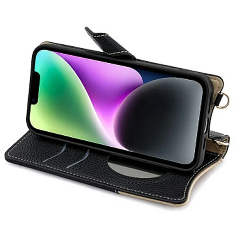 For iPhone 14 Leather Case Wallet Stand Cover Irregular Tail Style with Chain Strap - Black