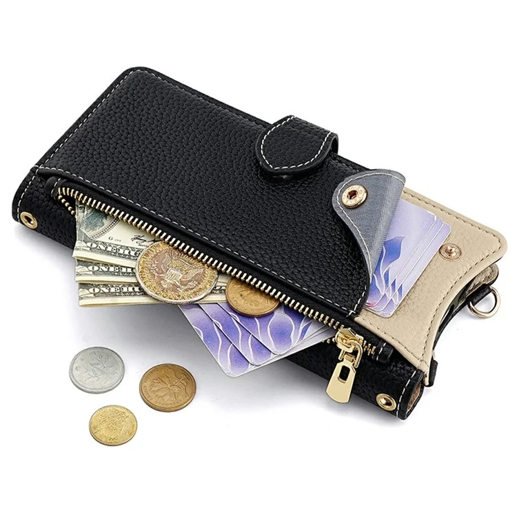 For iPhone 14 Leather Case Wallet Stand Cover Irregular Tail Style with Chain Strap - Black