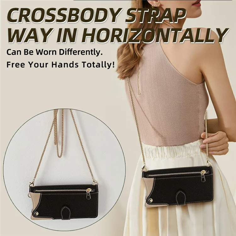 For iPhone 14 Leather Case Wallet Stand Cover Irregular Tail Style with Chain Strap - Black