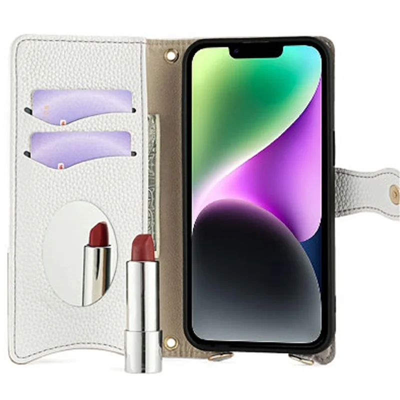 For iPhone 14 Leather Case Wallet Stand Cover Irregular Tail Style with Chain Strap - White