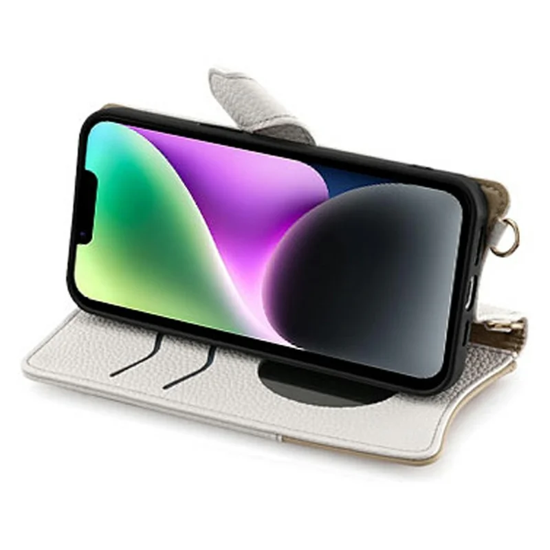 For iPhone 14 Leather Case Wallet Stand Cover Irregular Tail Style with Chain Strap - White