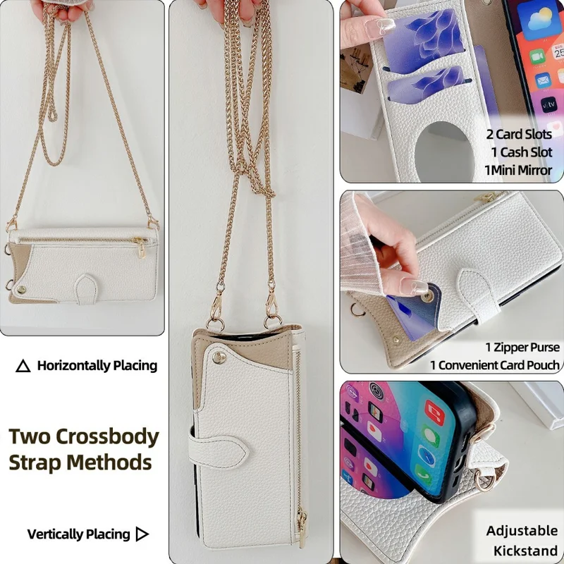 For iPhone 14 Leather Case Wallet Stand Cover Irregular Tail Style with Chain Strap - White