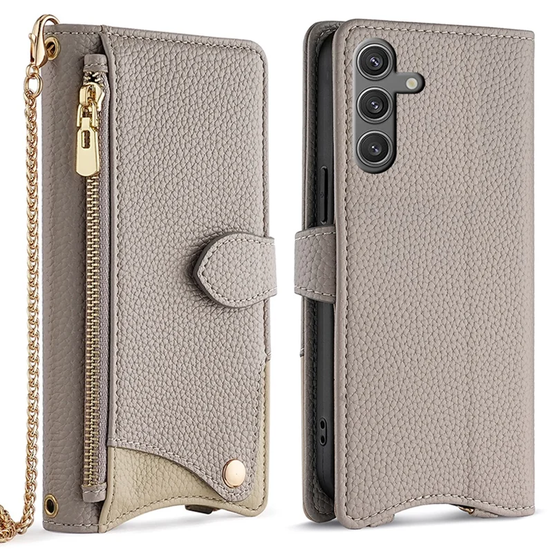 For Samsung Galaxy S23 FE Leather Case Wallet Stand Cover Irregular Tail Style with Chain Strap - Grey