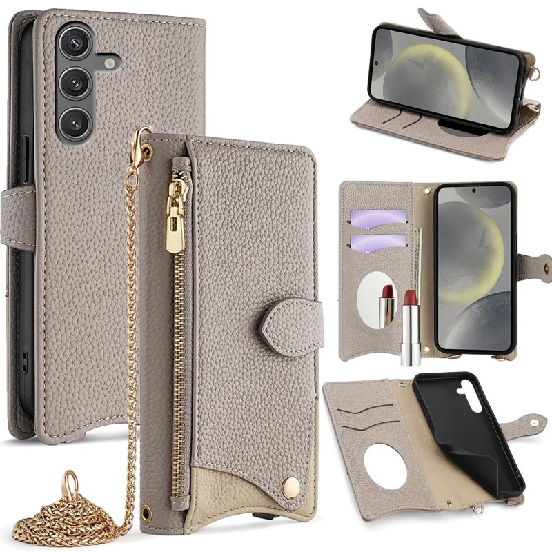 For Samsung Galaxy S23 FE Leather Case Wallet Stand Cover Irregular Tail Style with Chain Strap - Grey