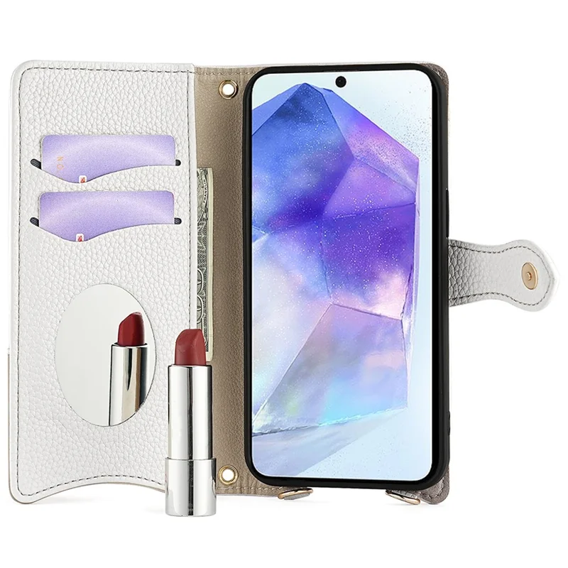 For Samsung Galaxy A35 5G Leather Case Wallet Stand Cover Irregular Tail Style with Chain Strap - White