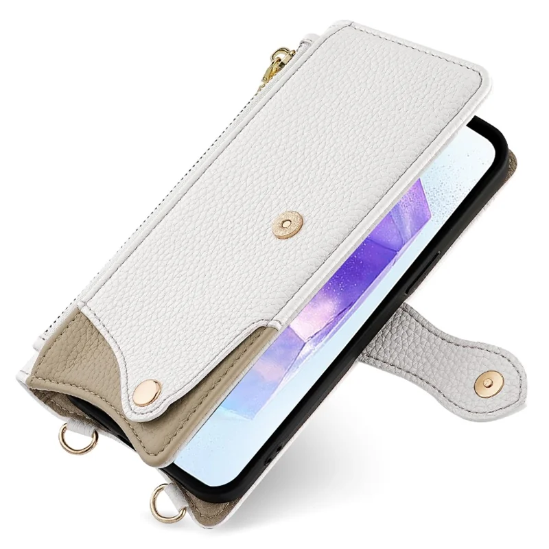 For Samsung Galaxy A35 5G Leather Case Wallet Stand Cover Irregular Tail Style with Chain Strap - White