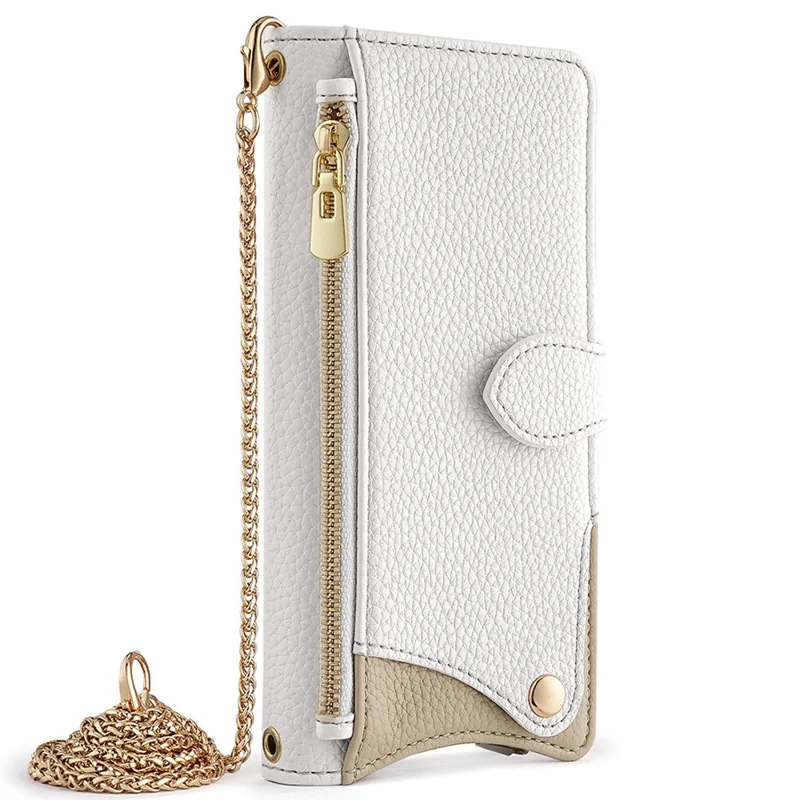 For Samsung Galaxy A35 5G Leather Case Wallet Stand Cover Irregular Tail Style with Chain Strap - White