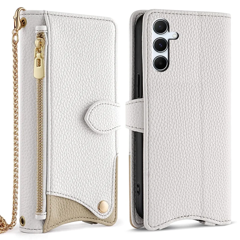 For Samsung Galaxy A55 5G Leather Case Wallet Stand Cover Irregular Tail Style with Chain Strap - White
