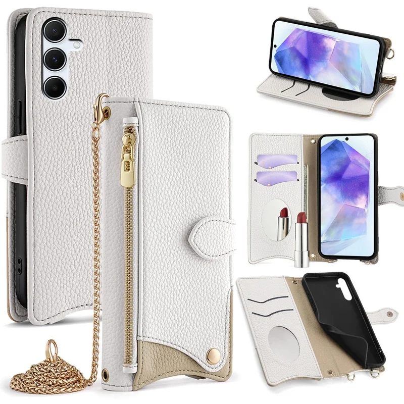 For Samsung Galaxy A55 5G Leather Case Wallet Stand Cover Irregular Tail Style with Chain Strap - White
