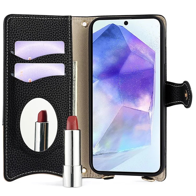 For Samsung Galaxy A15 5G Leather Case Wallet Stand Cover Irregular Tail Style with Chain Strap - Black