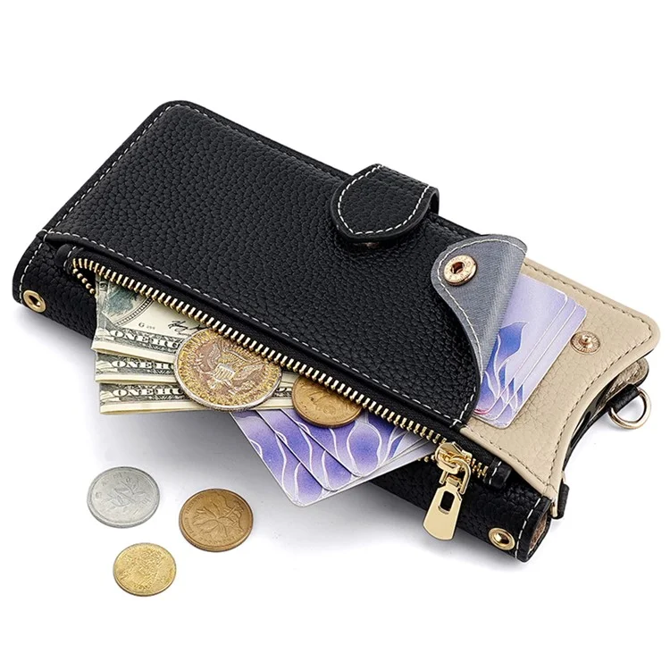 For Samsung Galaxy A15 5G Leather Case Wallet Stand Cover Irregular Tail Style with Chain Strap - Black