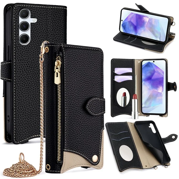 For Samsung Galaxy A15 5G Leather Case Wallet Stand Cover Irregular Tail Style with Chain Strap - Black