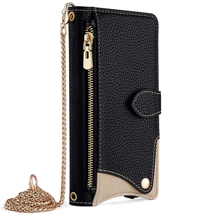 For Samsung Galaxy A15 5G Leather Case Wallet Stand Cover Irregular Tail Style with Chain Strap - Black