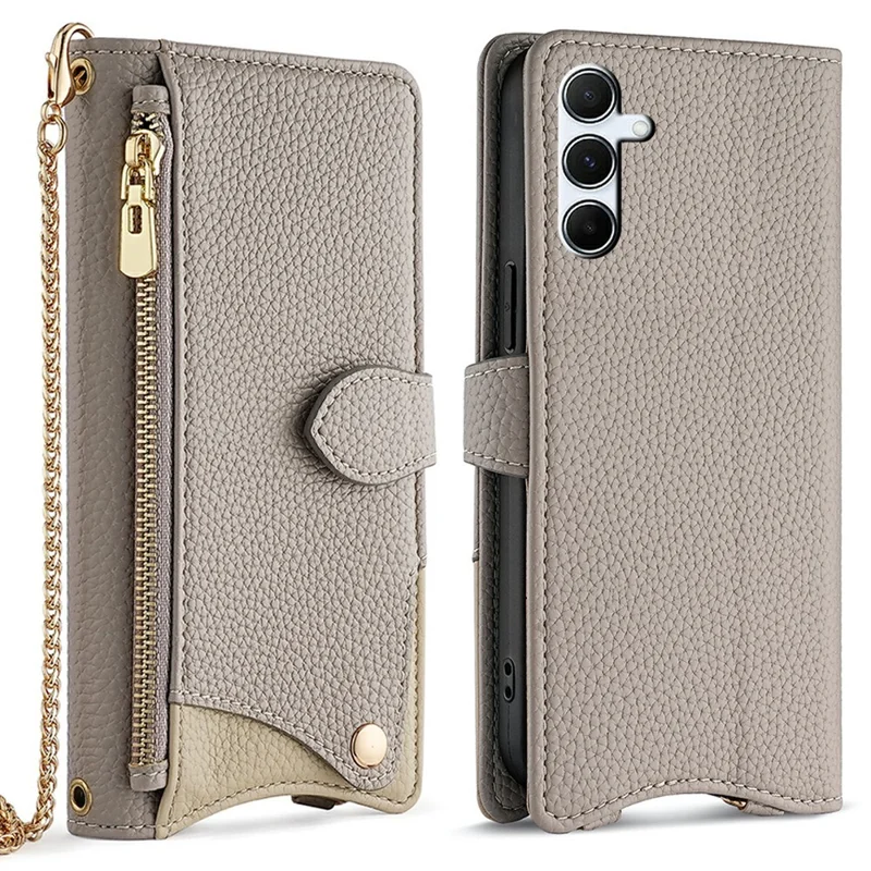 For Samsung Galaxy A16 5G / A16 4G Leather Case Wallet Stand Cover Irregular Tail Style with Chain Strap - Grey