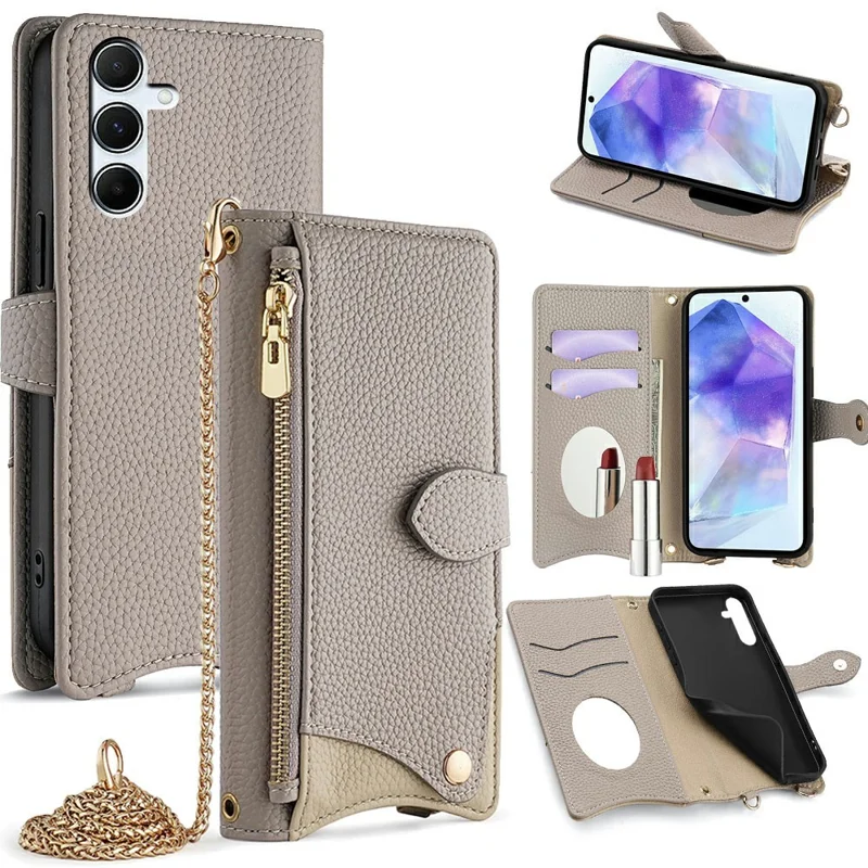 For Samsung Galaxy A16 5G / A16 4G Leather Case Wallet Stand Cover Irregular Tail Style with Chain Strap - Grey