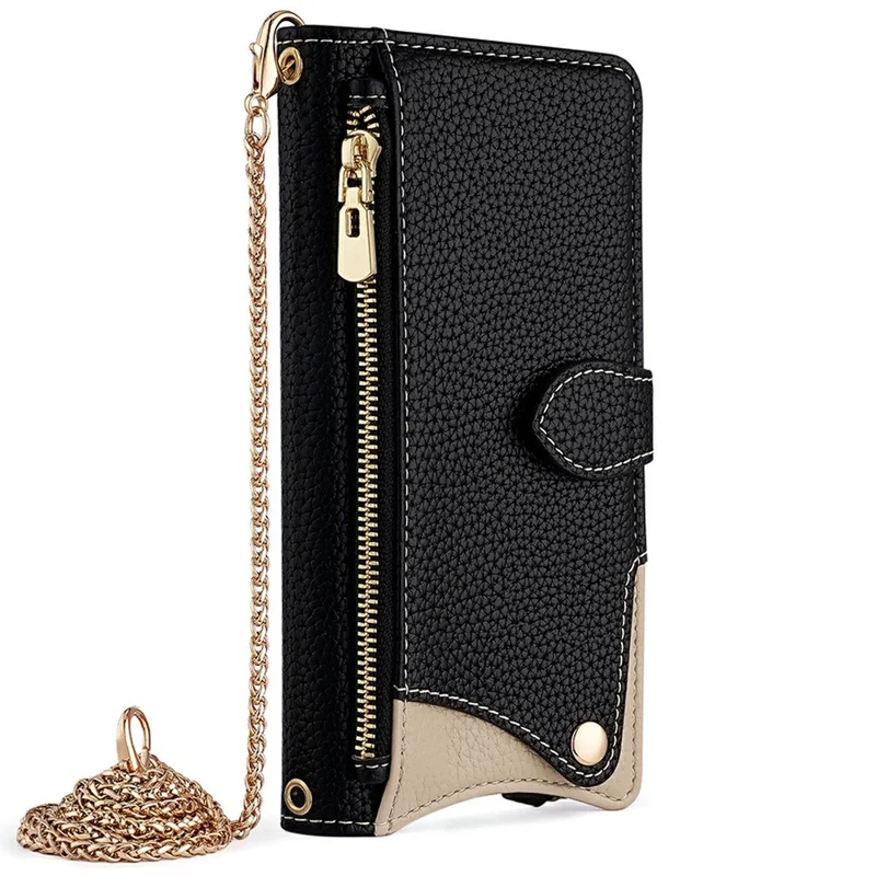 For Samsung Galaxy A25 5G (Global) (161.0 x 76.5 x 8.3mm) Leather Case Wallet Stand Cover Irregular Tail Style with Chain Strap - Black