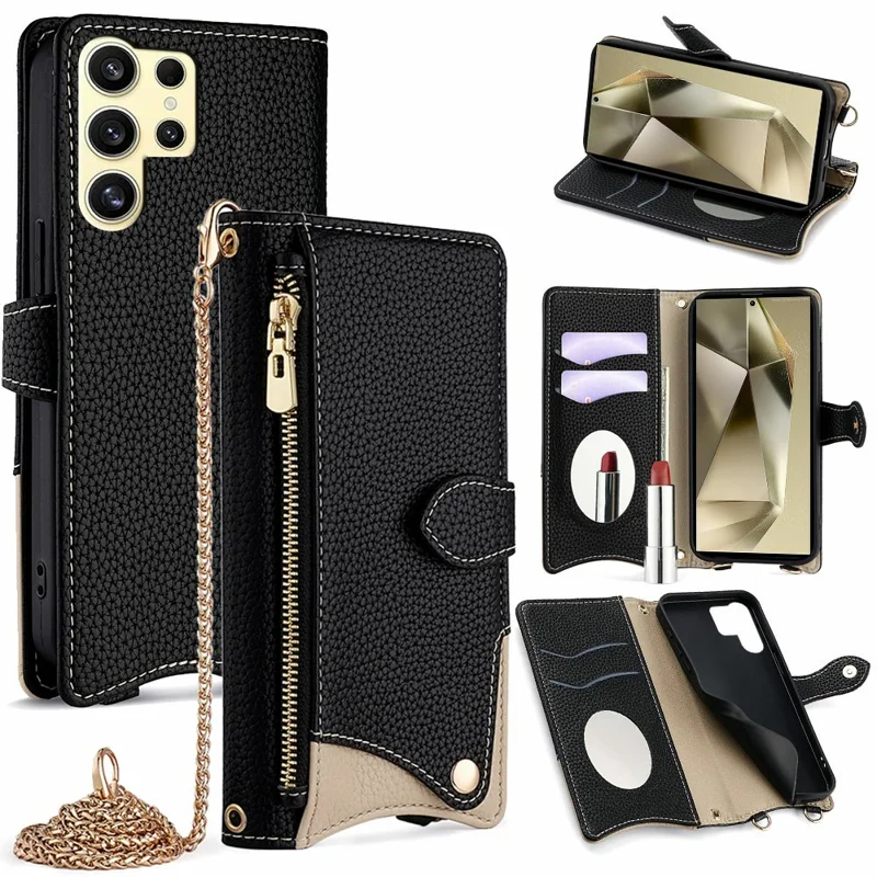 Para Samsung Galaxy S23 Ultra Case Carteira de Couro Tampa Estilo Cauda Irregular com Corrente - Preto