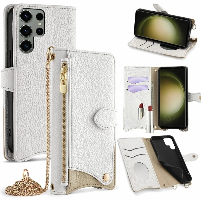 For Samsung Galaxy S24 Ultra Leather Case Wallet Stand Cover Irregular Tail Style with Chain Strap - White