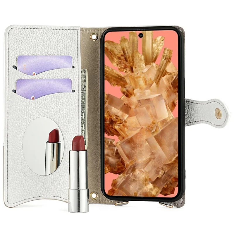 For Google Pixel 8 Leather Case Wallet Stand Cover Irregular Tail Style with Chain Strap - White