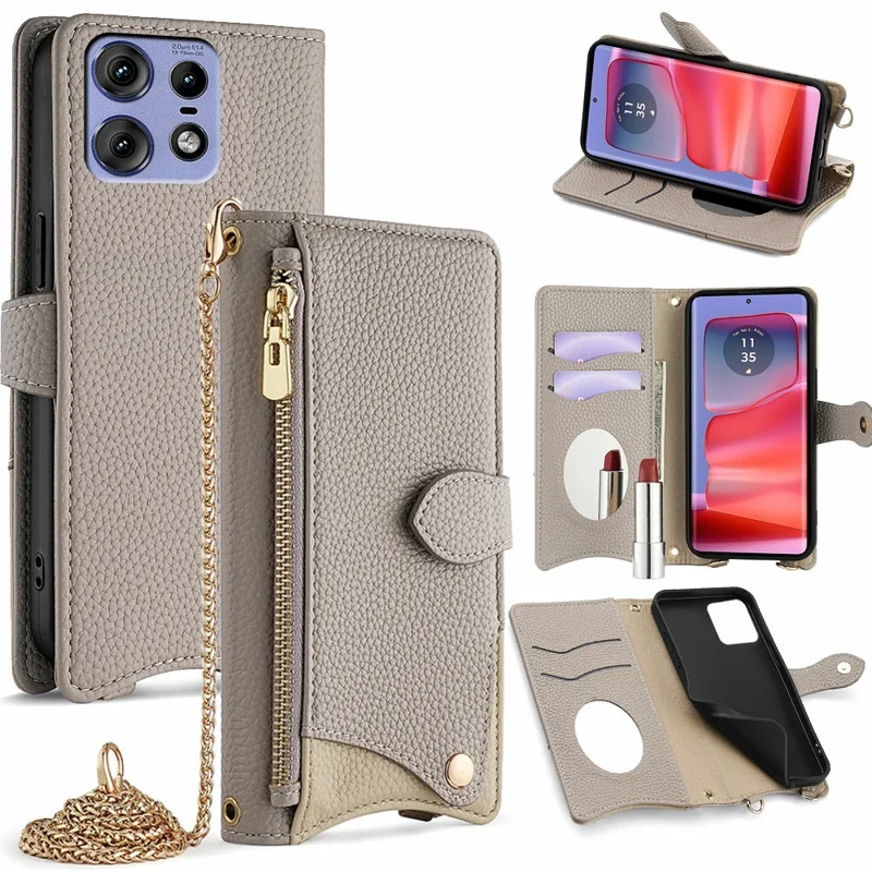 For Motorola Edge 50 Pro 5G Leather Case Wallet Stand Cover Irregular Tail Style with Chain Strap - Grey