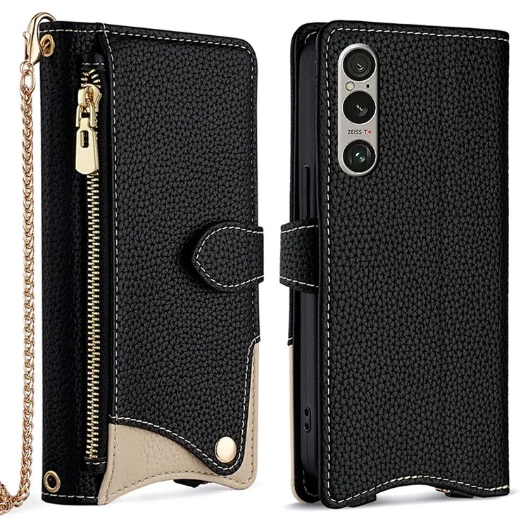 Für Sony Xperia 1 IV 5G Ledertasche Brieftasche Ständer Hülle Unregelmäßiger Schwanzstil mit Kette Trageriemen - Schwarz