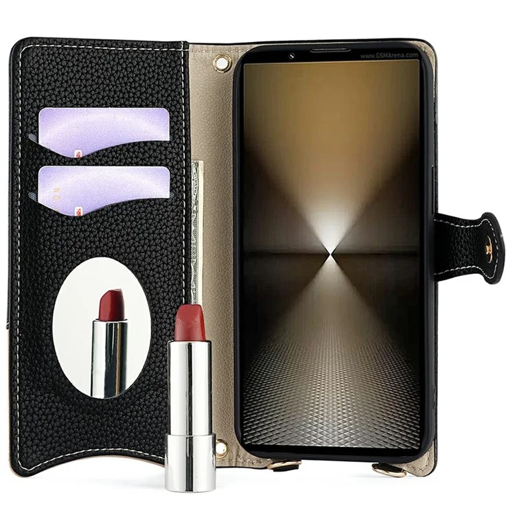 Für Sony Xperia 1 IV 5G Ledertasche Brieftasche Ständer Hülle Unregelmäßiger Schwanzstil mit Kette Trageriemen - Schwarz