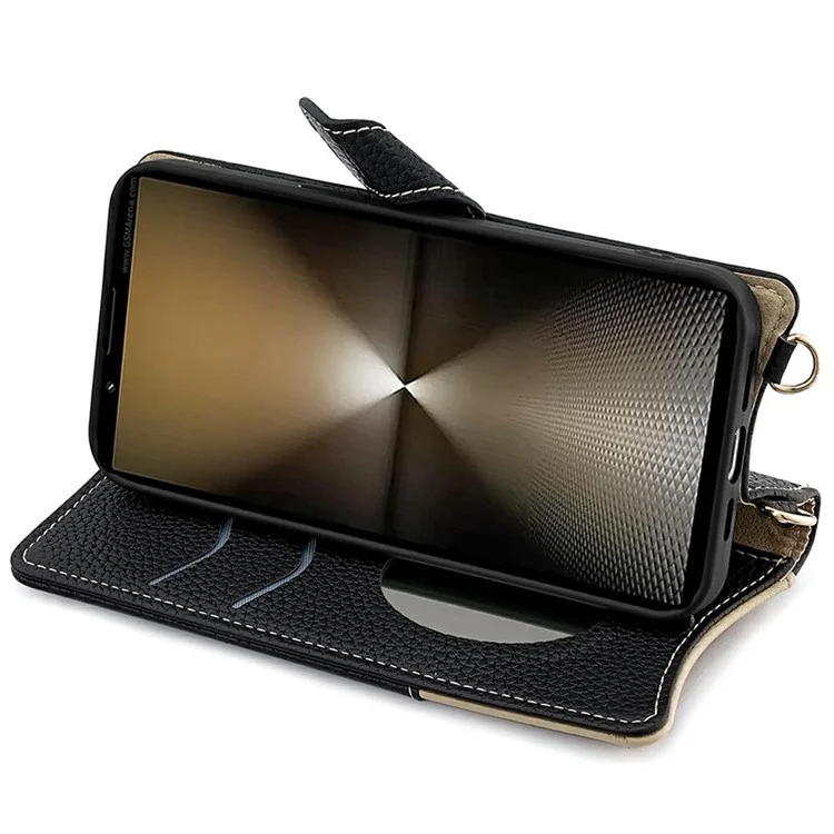 Für Sony Xperia 1 IV 5G Ledertasche Brieftasche Ständer Hülle Unregelmäßiger Schwanzstil mit Kette Trageriemen - Schwarz