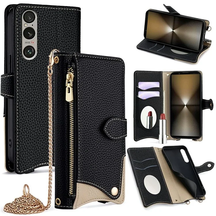 Für Sony Xperia 1 IV 5G Ledertasche Brieftasche Ständer Hülle Unregelmäßiger Schwanzstil mit Kette Trageriemen - Schwarz