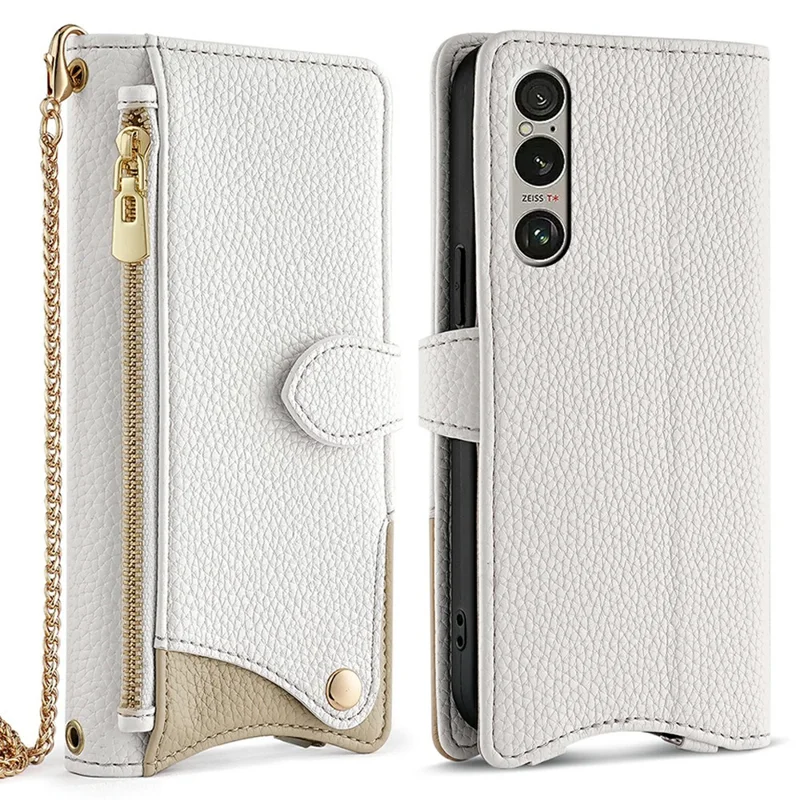For Sony Xperia 1 IV 5G Leather Case Wallet Stand Cover Irregular Tail Style with Chain Strap - White