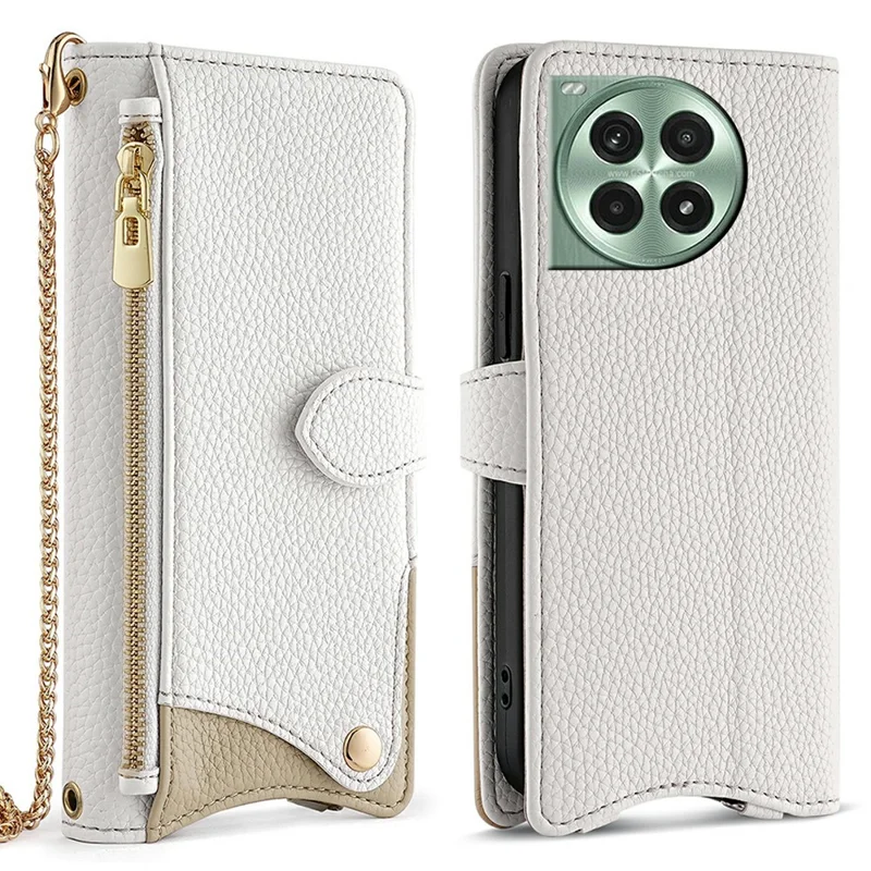 For OnePlus Ace 3 Pro 5G Leather Case Wallet Stand Cover Irregular Tail Style with Chain Strap - White