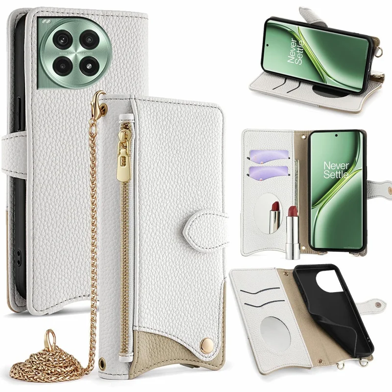 For OnePlus Ace 3 Pro 5G Leather Case Wallet Stand Cover Irregular Tail Style with Chain Strap - White