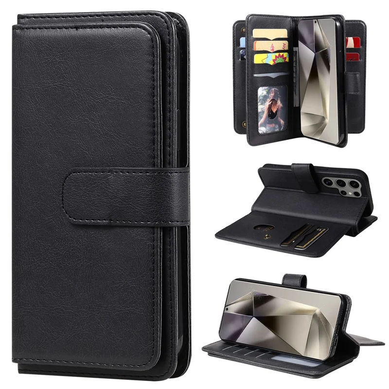 For Samsung Galaxy S25 Ultra Leather Case with 10 Card Holder Phone Cover Stand - Black