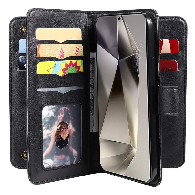 For Samsung Galaxy S25 Ultra Leather Case with 10 Card Holder Phone Cover Stand - Black