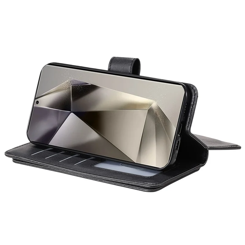 For Samsung Galaxy S25 Ultra Leather Case with 10 Card Holder Phone Cover Stand - Black