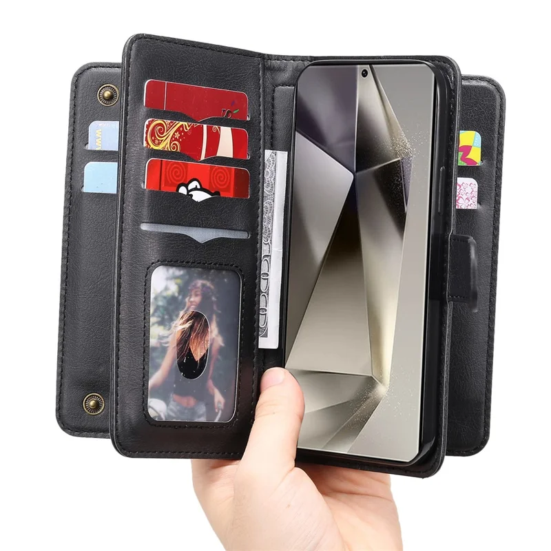 For Samsung Galaxy S25 Ultra Leather Case with 10 Card Holder Phone Cover Stand - Black