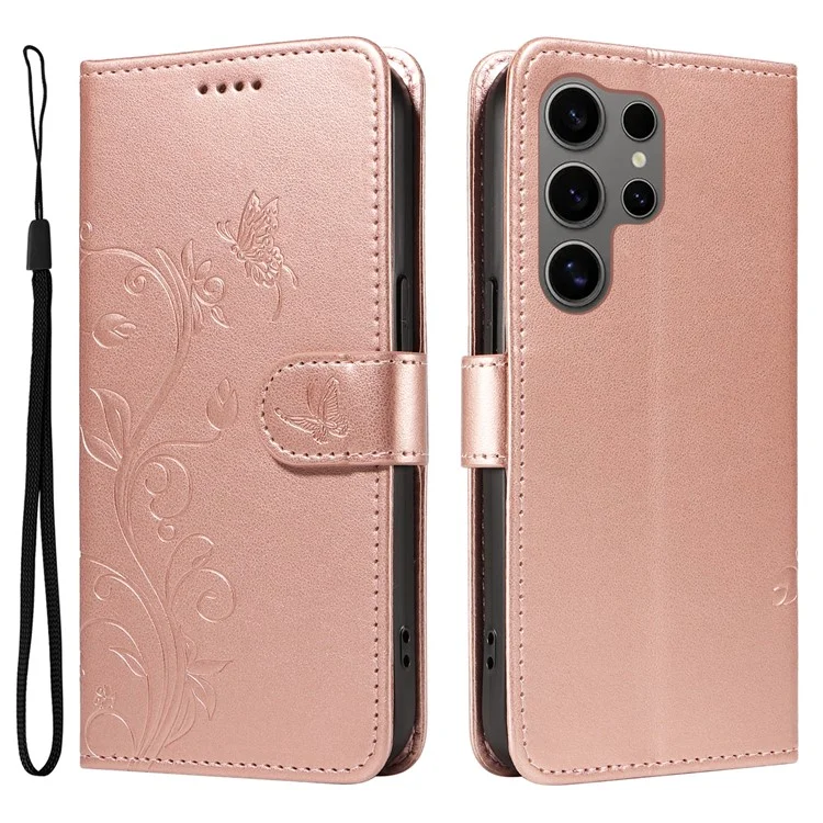 For Samsung Galaxy S25 Ultra PU Leather Cases Flower Pattern Wallet Stand Phone Cover with Strap - Rose Gold