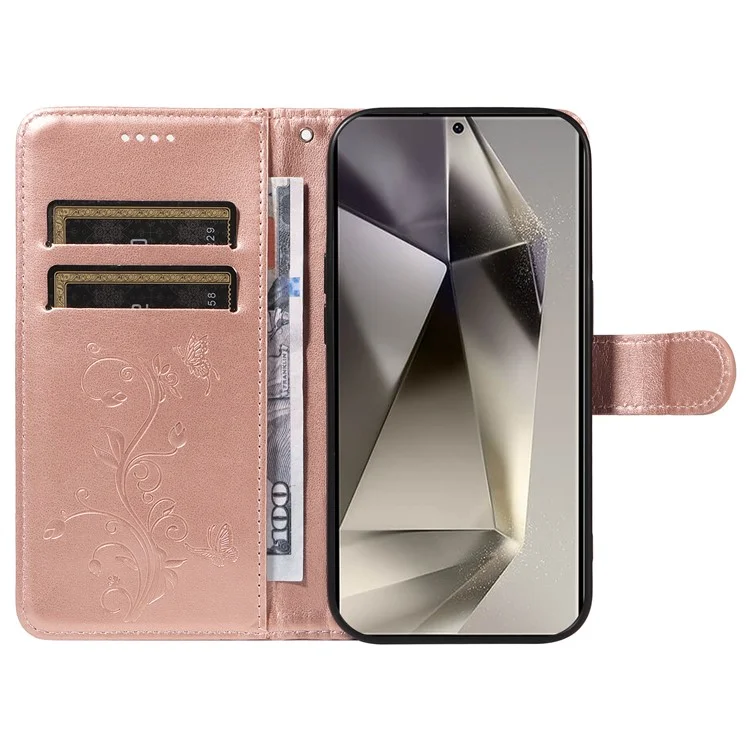 For Samsung Galaxy S25 Ultra PU Leather Cases Flower Pattern Wallet Stand Phone Cover with Strap - Rose Gold