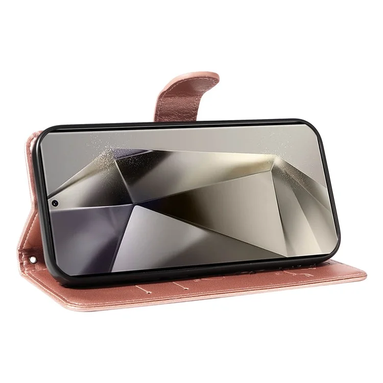 For Samsung Galaxy S25 Ultra PU Leather Cases Flower Pattern Wallet Stand Phone Cover with Strap - Rose Gold