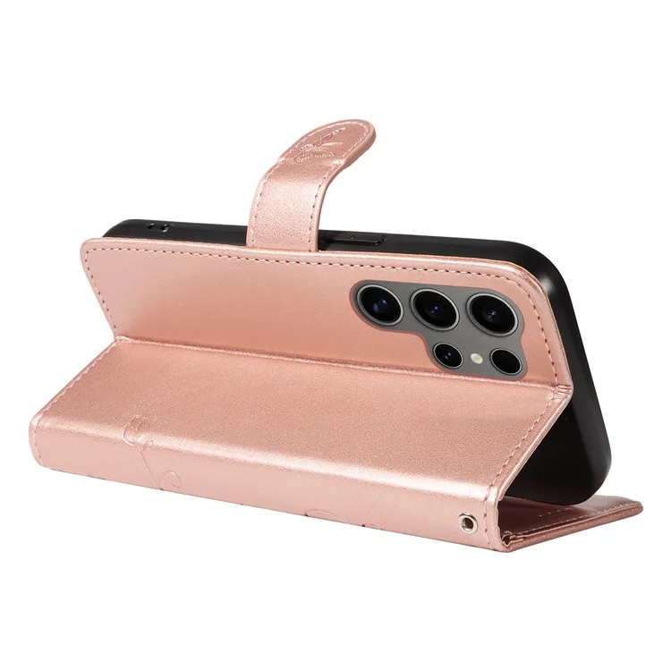 For Samsung Galaxy S25 Ultra PU Leather Cases Flower Pattern Wallet Stand Phone Cover with Strap - Rose Gold