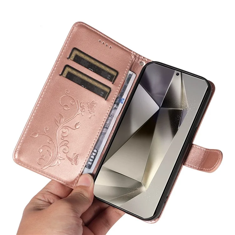 For Samsung Galaxy S25 Ultra PU Leather Cases Flower Pattern Wallet Stand Phone Cover with Strap - Rose Gold