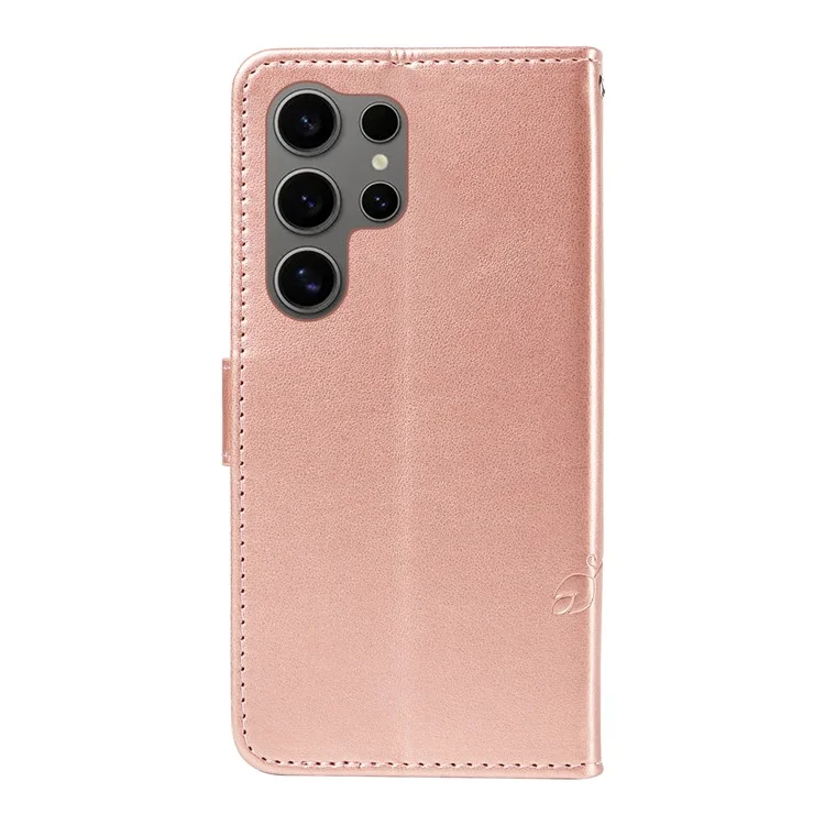 For Samsung Galaxy S25 Ultra PU Leather Cases Flower Pattern Wallet Stand Phone Cover with Strap - Rose Gold