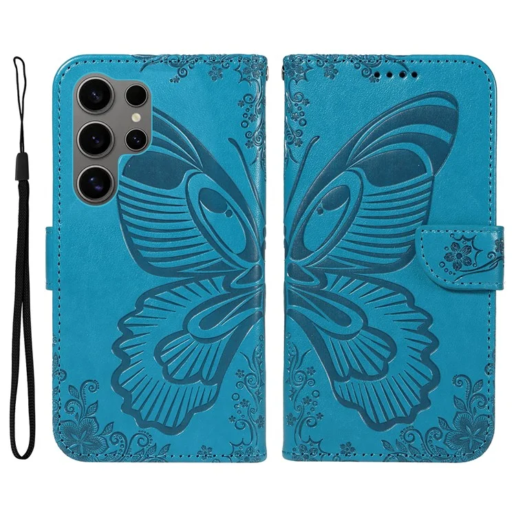 For Samsung Galaxy S25 Ultra Case Butterfly Pattern Leather Wallet Flip Phone Cover - Blue