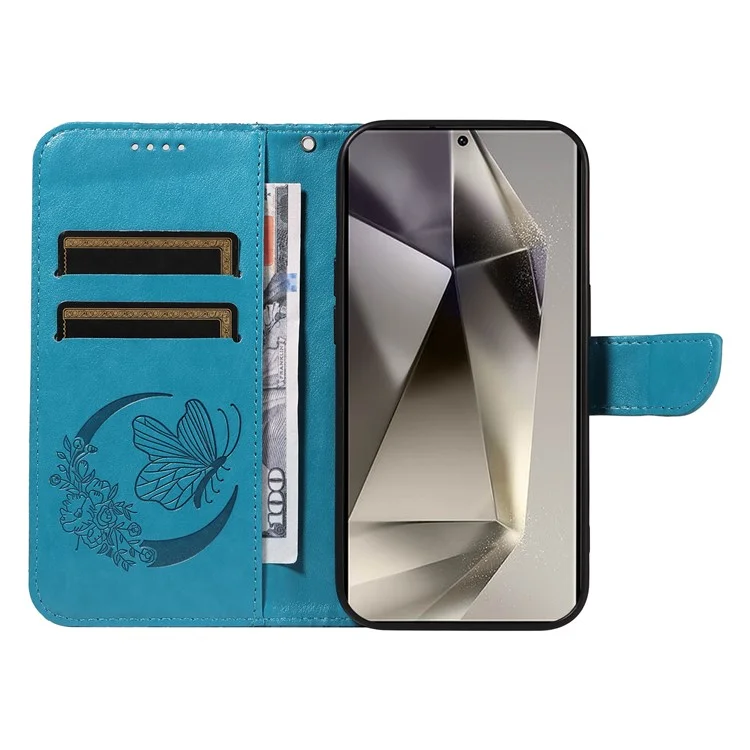 For Samsung Galaxy S25 Ultra Case Butterfly Pattern Leather Wallet Flip Phone Cover - Blue