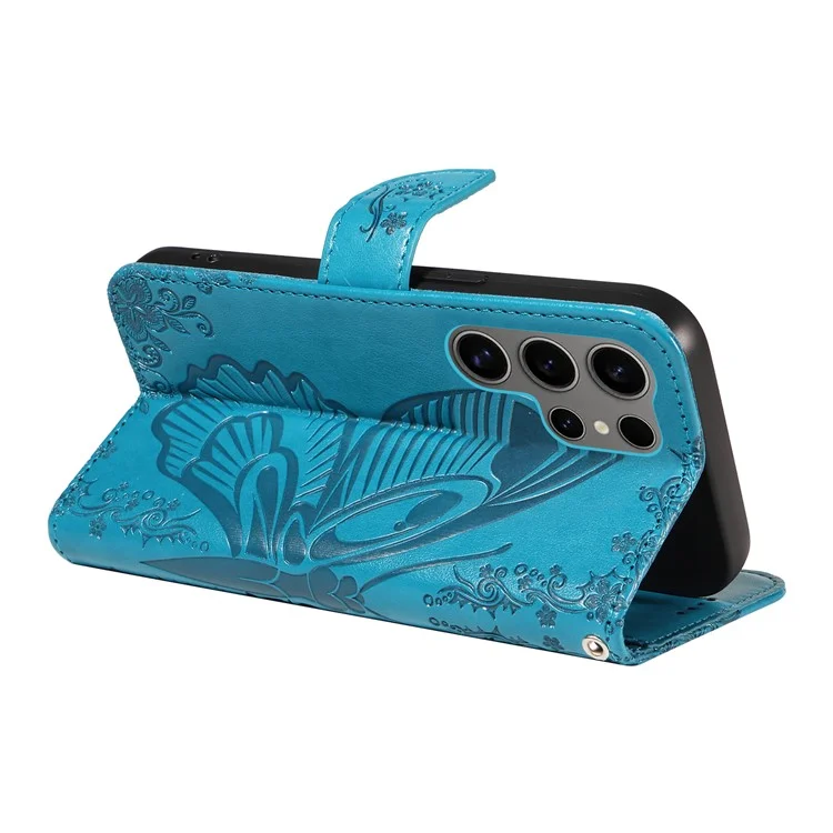 For Samsung Galaxy S25 Ultra Case Butterfly Pattern Leather Wallet Flip Phone Cover - Blue