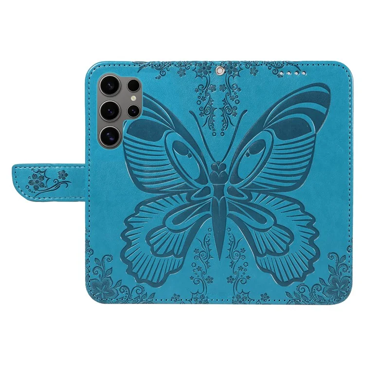 For Samsung Galaxy S25 Ultra Case Butterfly Pattern Leather Wallet Flip Phone Cover - Blue