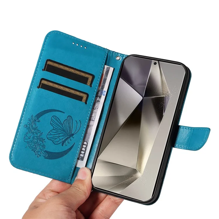 For Samsung Galaxy S25 Ultra Case Butterfly Pattern Leather Wallet Flip Phone Cover - Blue