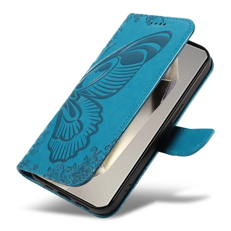 For Samsung Galaxy S25 Ultra Case Butterfly Pattern Leather Wallet Flip Phone Cover - Blue