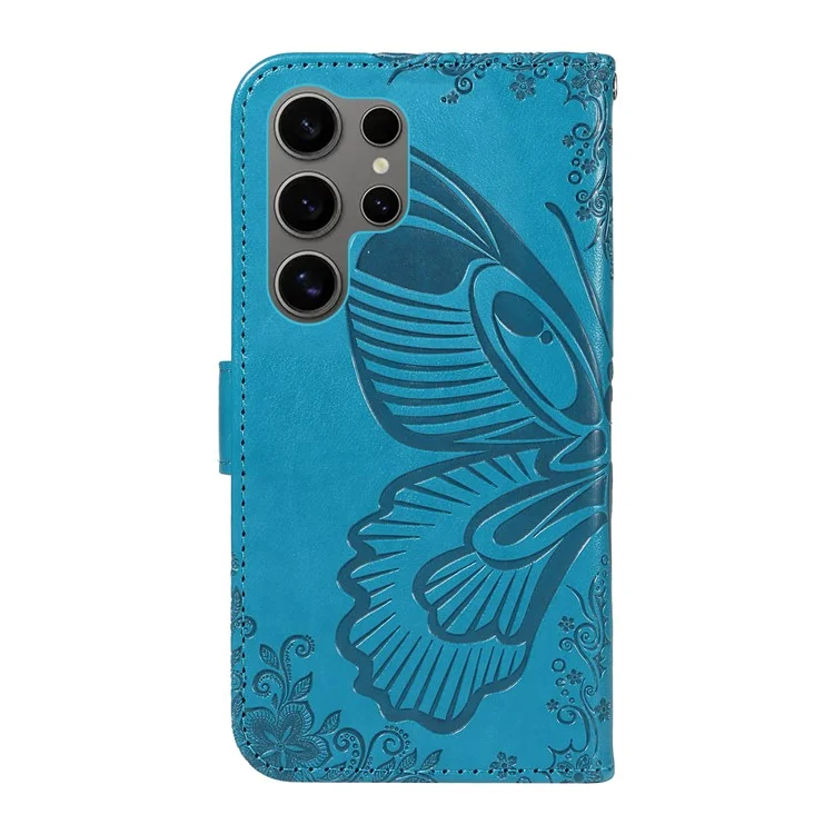 For Samsung Galaxy S25 Ultra Case Butterfly Pattern Leather Wallet Flip Phone Cover - Blue